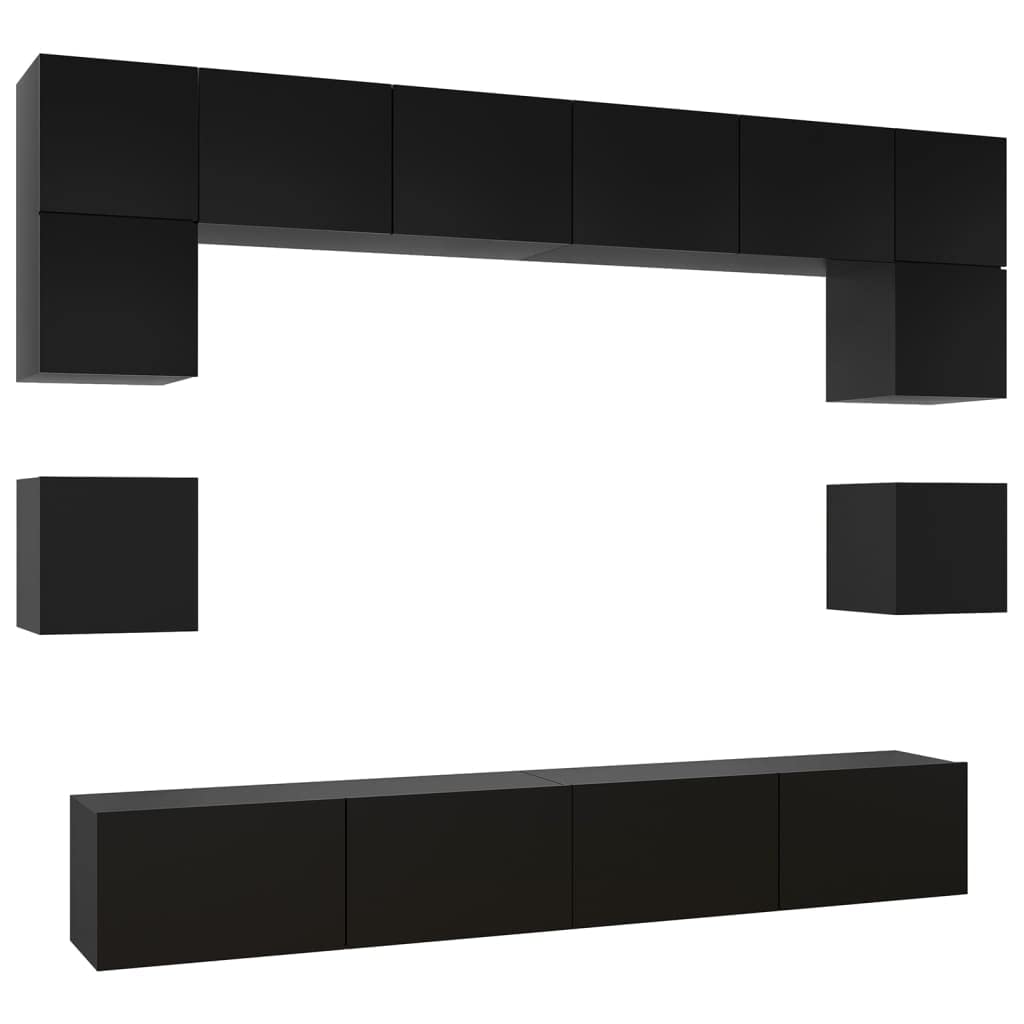 vidaXL TV Cabinet Set 8 Piece Home Indoor Living Room Hanging Wall-Mounted Stereo Plasma HiFi Cabinet TV Stand Unit Furniture Black Engineered Wood