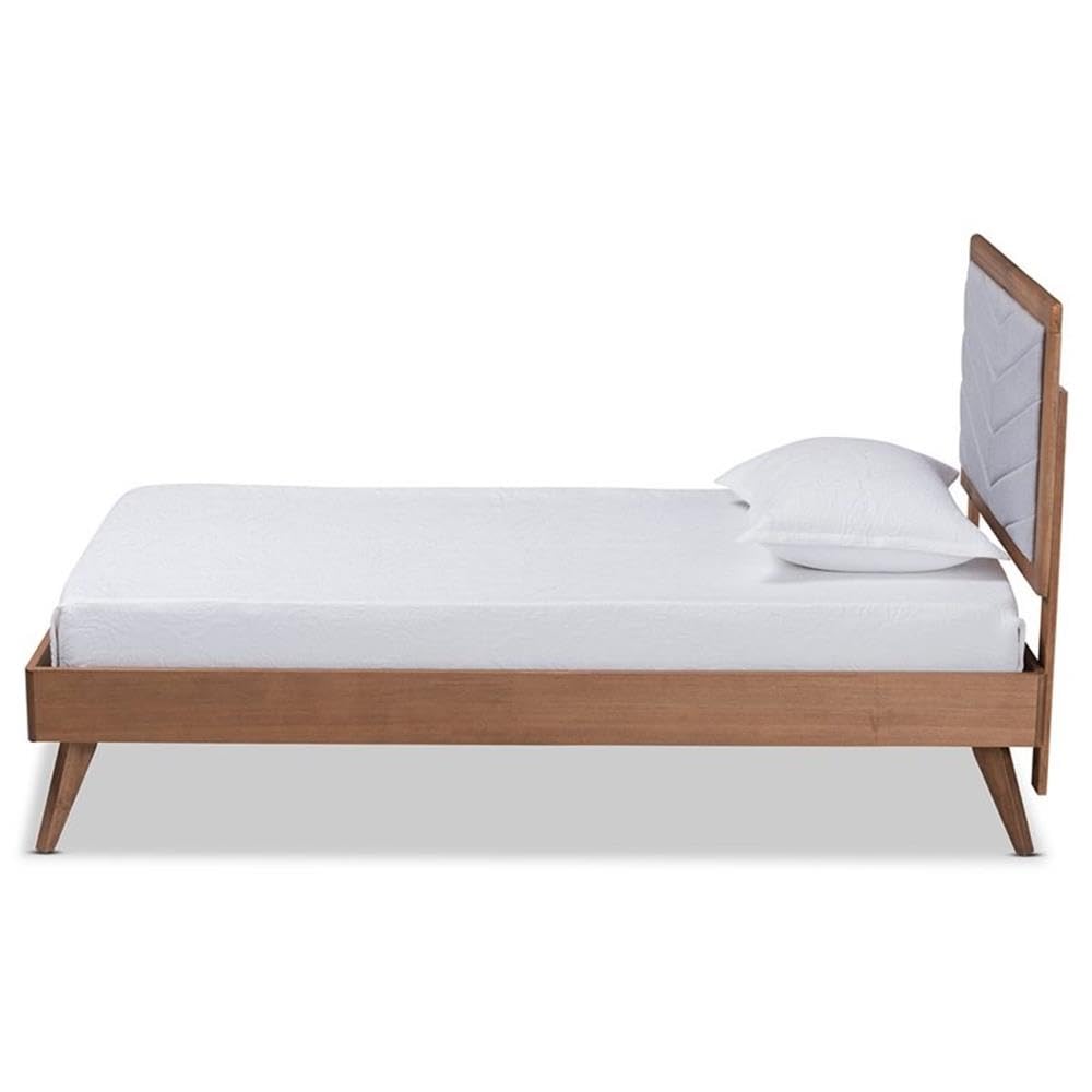 Baxton Studio Roze Mid-Century Modern Light Grey Fabric Upholstered and Walnut Brown Finished Wood Twin Size Platform Bed