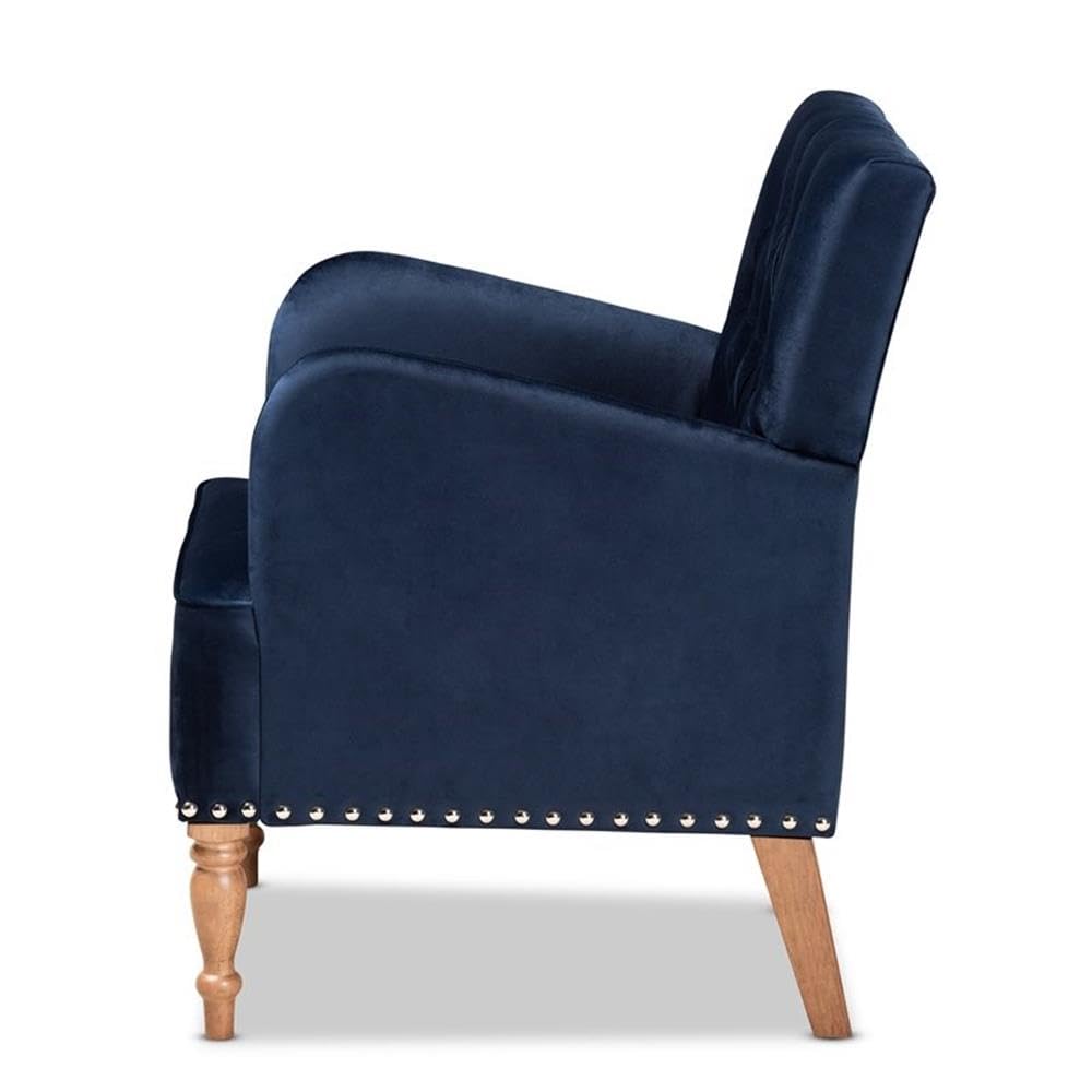 Baxton Studio Eri Blue Velvet Upholstered and Brown Finished Wood Armchair
