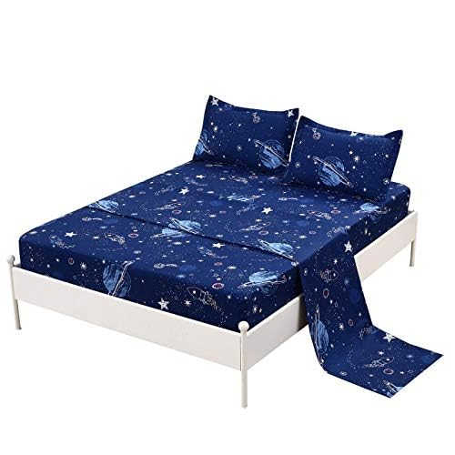 Mag 4 Pcs Bedding Set Space Sheets Galaxy Sheets Planets Stars Rockets Full Sheet Set For Kids Teens And Space-Lovers, Super Sof