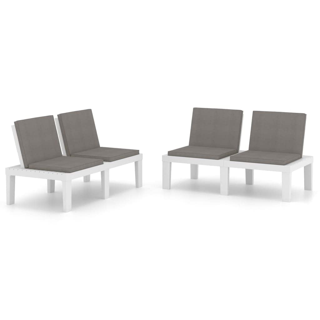 vidaXL Set of 2 Modern Plastic Patio Lounge Benches with Cushions for Patio - Easy to Assemble, Lightweight & Washable - White