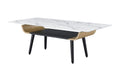 Lilola Home Landon Coffee Table with Glass White Marble Texture Top and Bent Wood Design