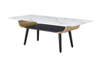 Lilola Home Landon Coffee Table with Glass White Marble Texture Top and Bent Wood Design