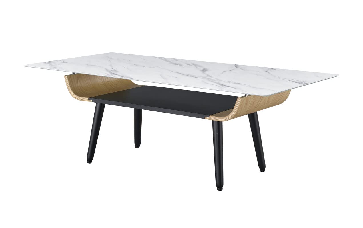 Lilola Home Landon Coffee Table with Glass White Marble Texture Top and Bent Wood Design