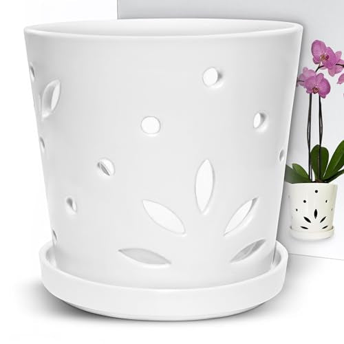Atri Ceramic Orchid Pot With Holes - 6.5 Indoor Orchid Planter With Drainage Holes And Saucer For Repotting Orchids - Porcelain