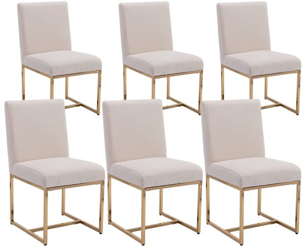 Vescasa Linen Upholstered Dining Chairs Set Of 6, Mid Century Modern Padded Chair With Gold Metal Frame For Restaurant, Dining R