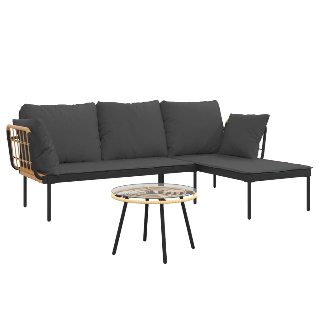 vidaXL 3 Piece Patio Lounge Set - Dark Gray Cushions, PE Rattan & Powder-Coated Steel Frame, Tempered Glass Table Top – Perfect for Outdoor Garden or Patio