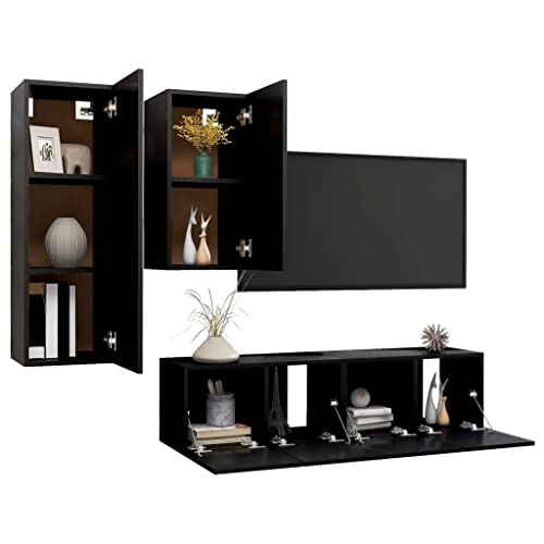 vidaXL TV Cabinet Set 4 Piece Home Living Room Furniture TV Stand HiFi Stereo Cabinet Media Unit Entertainment Center Black Engineered Wood