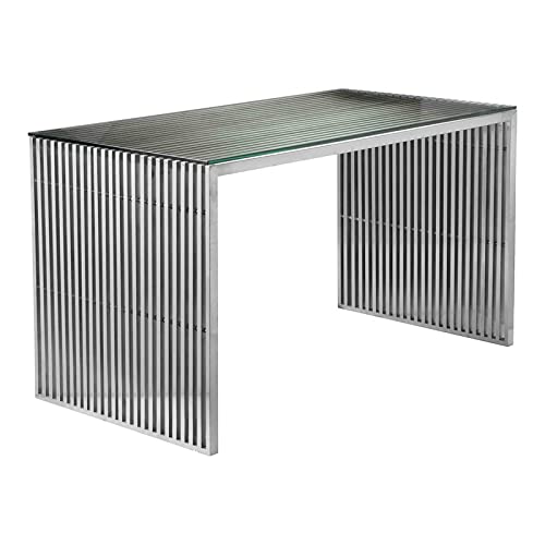 Pangea Home Lux 59&quot; Modern Brushed Steel Metal And Glass Desk In Silver