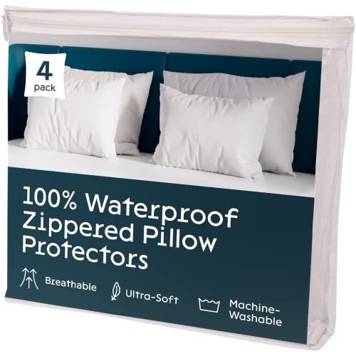 Niagara Sleep Solution 4 Pack Waterproof Pillow Protectors Queen 20X30 Inches Smooth Zipper Premium Encasement Covers Quiet Case