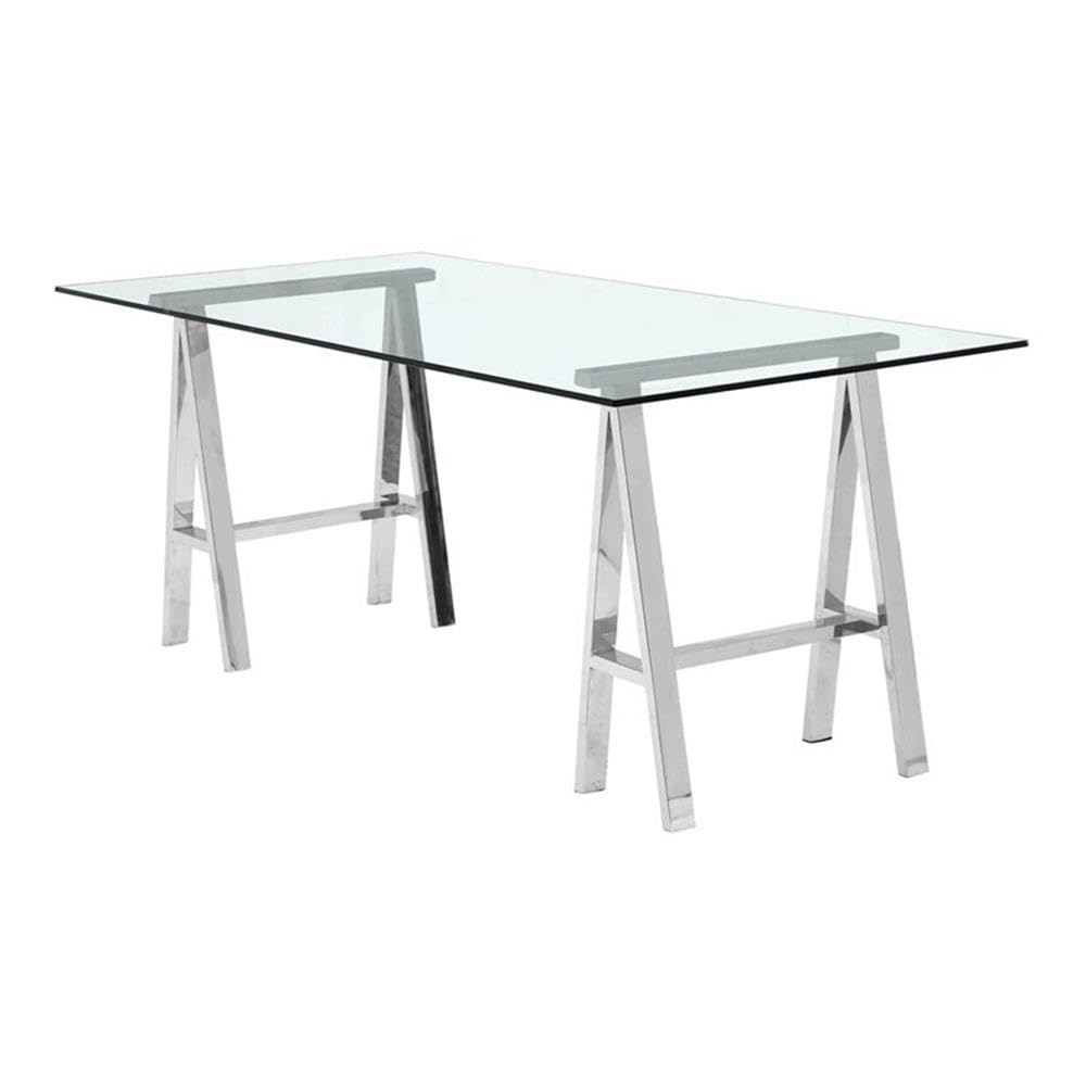 Pangea Home Brady Modern Polished Steel Metal And Tempered Glass Desk In Clear