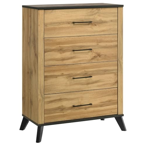 Coaster Home Furnishings Kaywood Mid-Century Modern Wood 4-Drawer Bedroom Chest of Drawers Chiffonier Clothing Storage Cabinet Bedroom Armoire Tall Dresser Weathered Brown and Natural Pine 225005