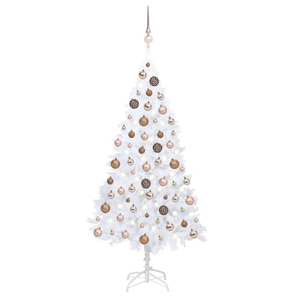 Vidaxl 59.1&quot; White Artificial Christmas Tree With Leds, Rose Gold Ball Set, And Usb Connector- Pvc Material, Extra Thick Branches - Ideal For Holiday Decorations