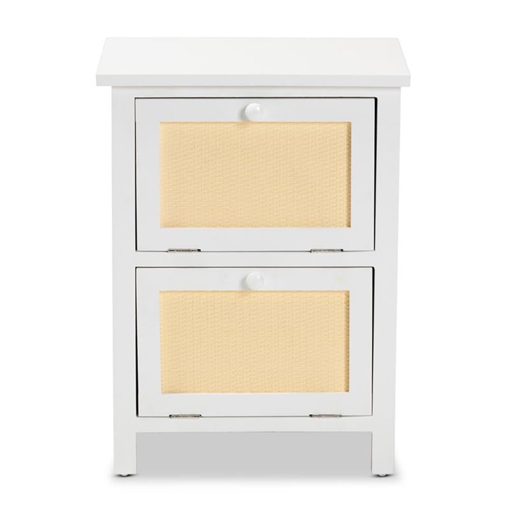 Baxton Studio Sariah Mid-Century Modern White Finished Wood and Rattan 2-Door Nightstand