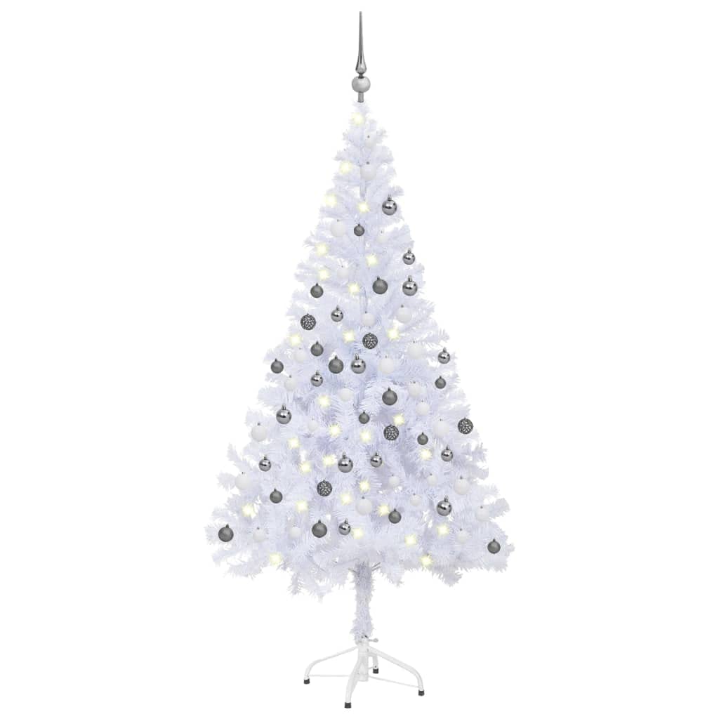 Vidaxl 47.2&quot; Artificial Christmas Tree With Leds And Ball Set, White And Gray, Densely Branched, Made From Resistant Pvc, With Simple Plug-In System