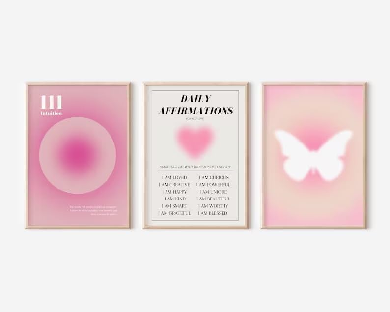 Hesendot Retro Gradient Wall Art Decor Set Of 3,Pink Aura Poster,Affirmation Poster,12X16In Truly Quality Canvas Wall Art Pictur