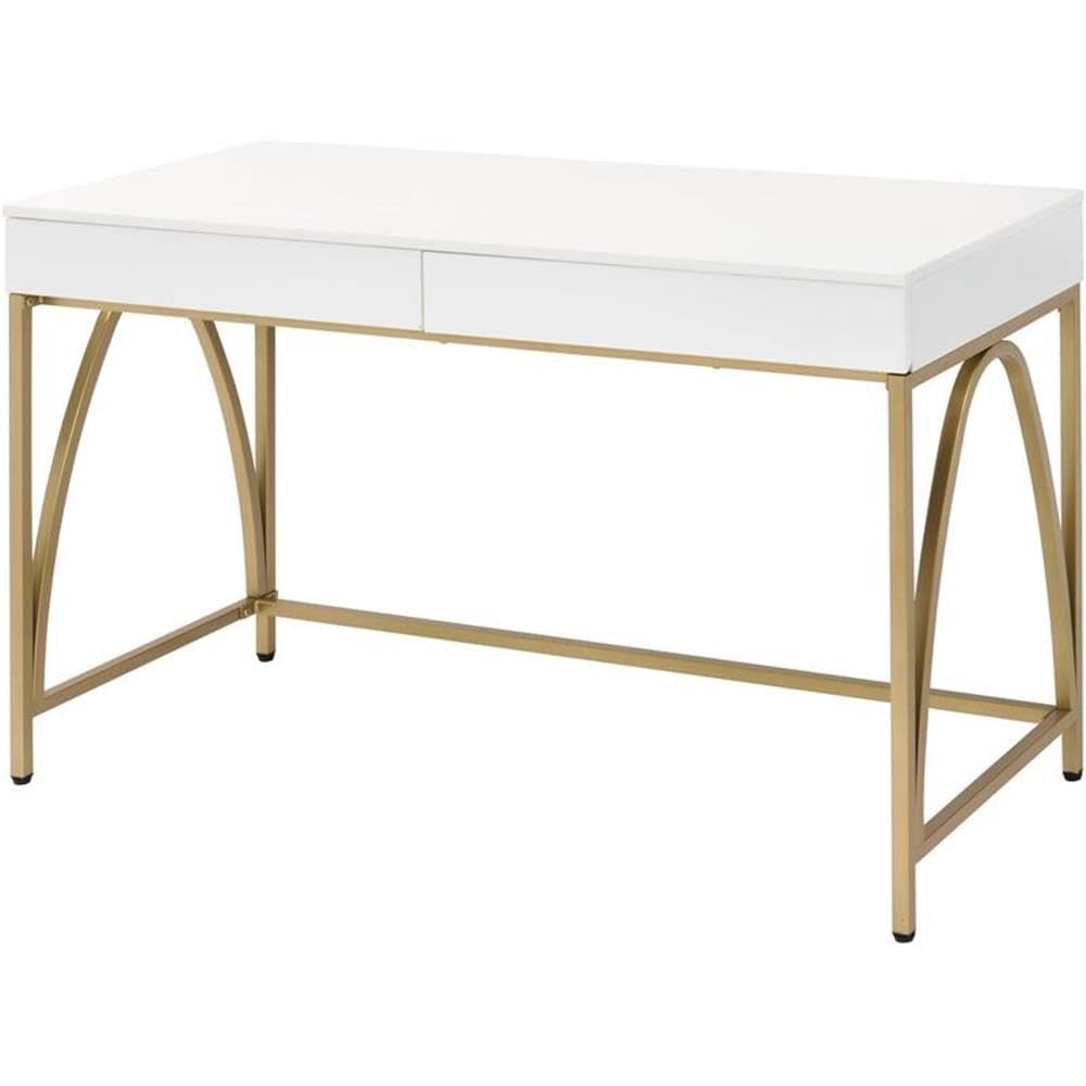 Acme Lightmane 2-Drawer Vanity Desk with Metal Legs in White High Gloss and Gold