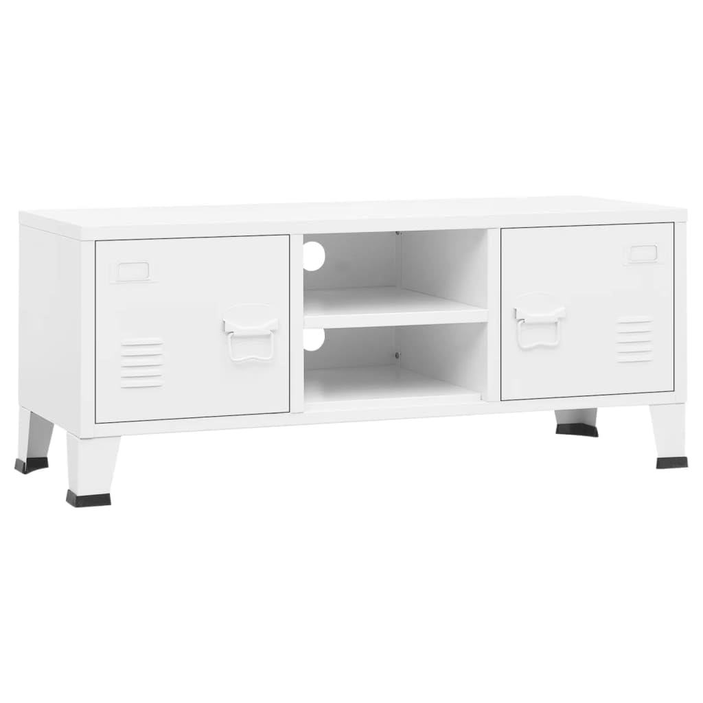 vidaXL White Pre-Assembled TV Cabinet, Industrial Metal TV Stand Unit with 2 Doors & 1 Shelf, Cable Management Design