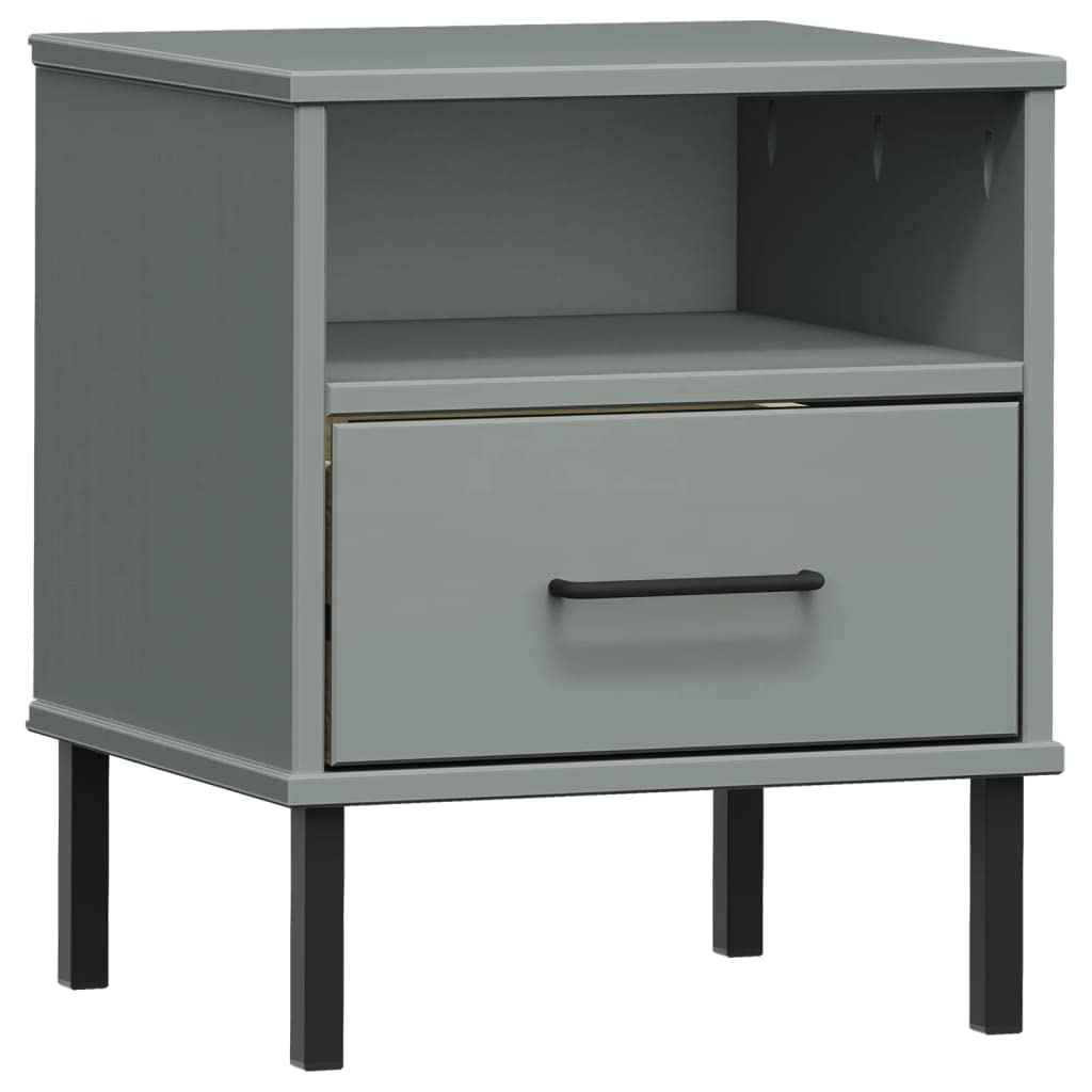 vidaXL Oslo Bedside Cabinet - Solid Pine Wood Bedroom Furniture with Metal Legs, Ample Storage Space, Sturdy & Durable Gray End Table