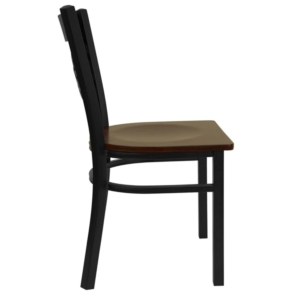 Flash Furniture HERCULES Series Black ''X'' Back Metal Restaurant Chair - Mahogany Wood Seat