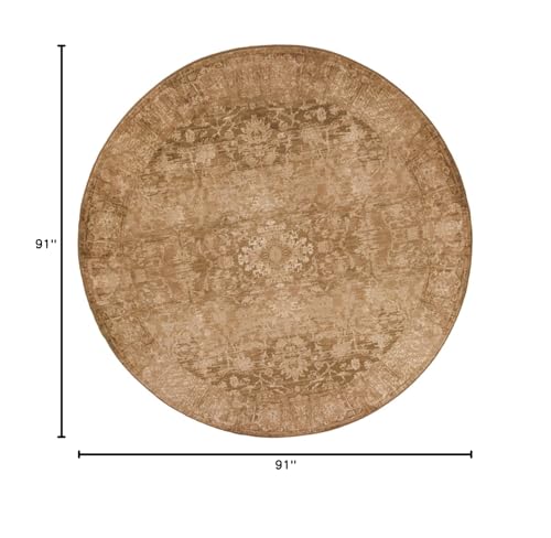 HomeRoots Polypropylene 8' Beige Machine Woven Distressed Floral Traditional Round Indoor Area Rug