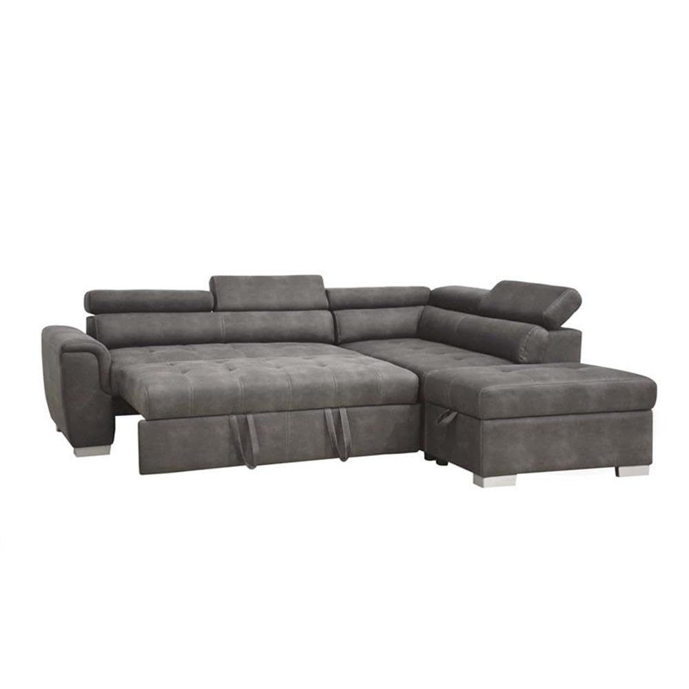 Acme Thelma Sectional Sleeper Sofa and Ottoman in Gray Polished Microfiber