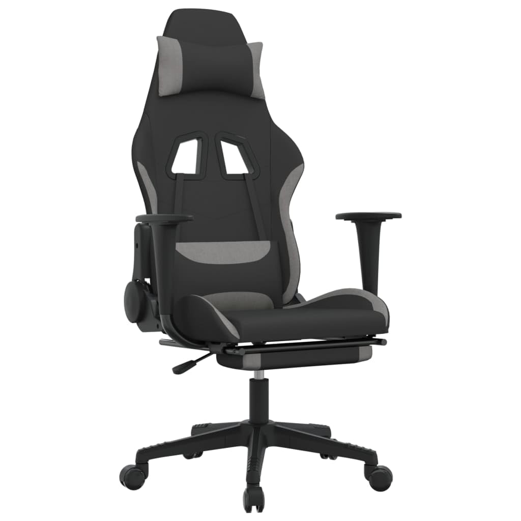 vidaXL Massage Gaming Chair for Adult, Reclining Computer Chair with Footrest and Headrest, Height Adjustable Office Chair with 360°-Swivel Castors, Black and Light Grey Fabric