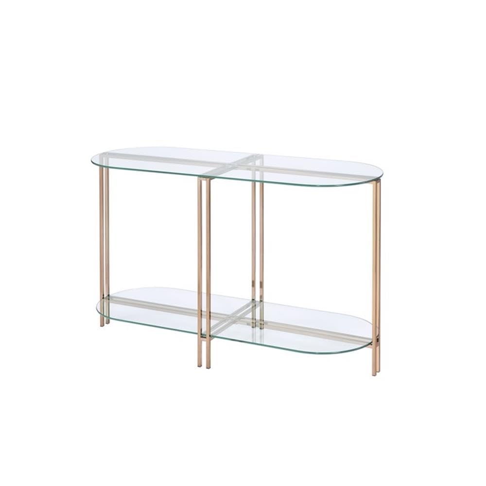 Acme Veises Oval Glass Top Sofa Table With Glass Shelf In Gold And Champagne