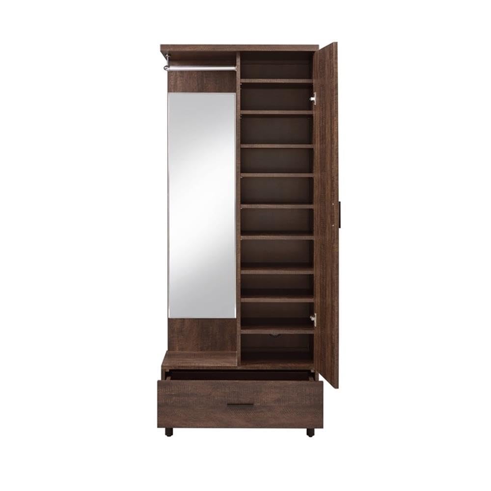 Acme Tsula Wooden and Mirror 1-Drawer Hall Tree with 1 Door in Rustic Walnut