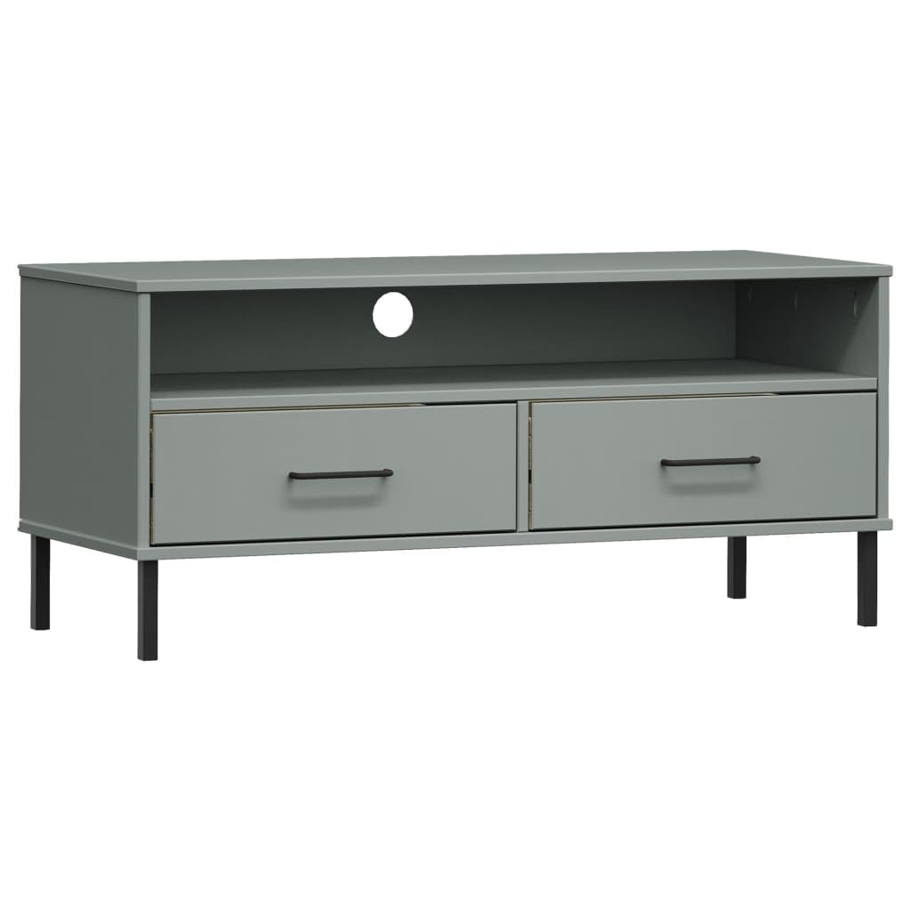 vidaXL Solid Pine Wood TV Stand with Metal Legs- Gray, 2 Drawers & Spacious Compartment, Ideal for Living Room Decor, Oslo Range