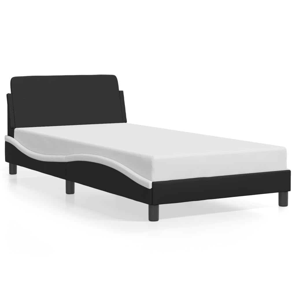 vidaXL Single Bed Frame with Headboard - Black/White, Faux Leather, Plywood Slats, 39.4&quot;x74.8&quot; Mattress Size, Modern Design