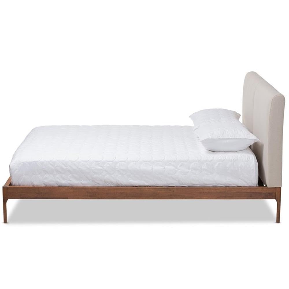 Baxton Studio Aveneil Mid-Century Modern Beige Fabric Upholstered Walnut Finished King Size Platform Bed
