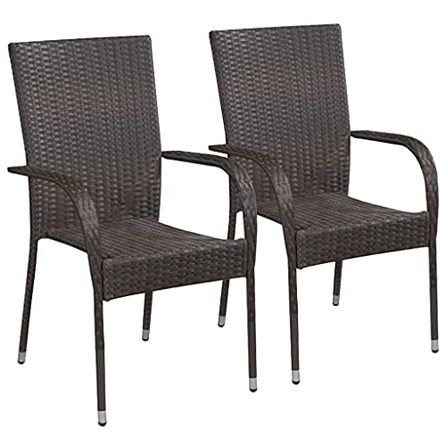 vidaXL Stackable Patio Chairs 2 Pcs, Outdoor Patio Dining Chair with Armrest, Stackable Outdoor Wicker Chair for Patio Garden Yard, Poly Rattan Brown