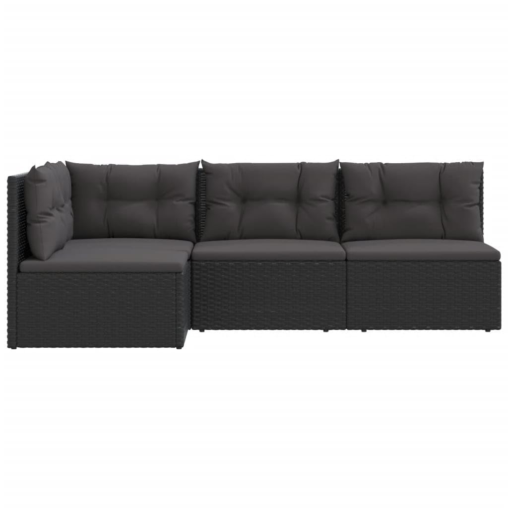 vidaXL 4 Piece Modern Patio Lounge Set - Outdoor Black Poly Rattan Furniture with Cushions, Weather Resistant, Durable Material, Adjustable Corner Sofa, Easy Assembly