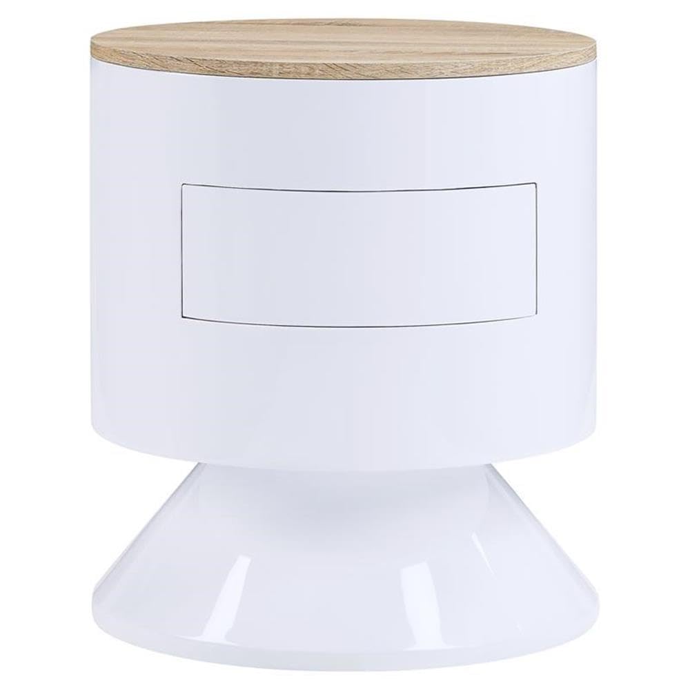 Acme Otith Round Wooden Accent Table with Drawer in White High Gloss and Natural