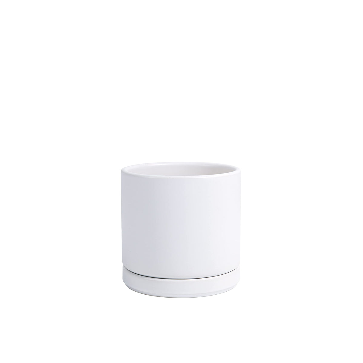 D'Vine Dev Ceramic Planter Pot With Drainage Hole And Saucer, Indoor Cylinder Round Planter Pot, 4.3 Inch, White, 94-O-Xs-1