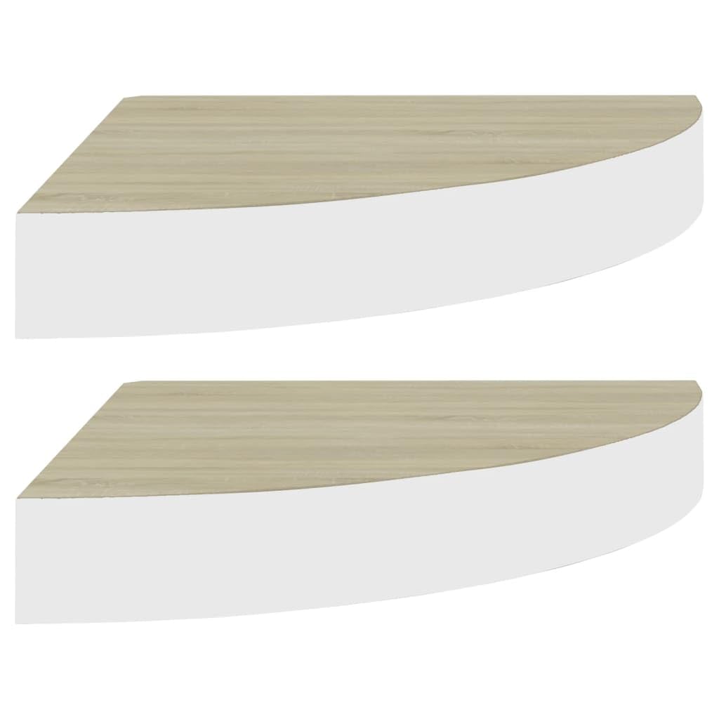 vidaXL Wall Corner Shelves - 2 pcs in Oak and White - 13.7&quot;x13.7&quot;x1.5&quot; - Modern Style Floating Shelves for Home or Office Decor