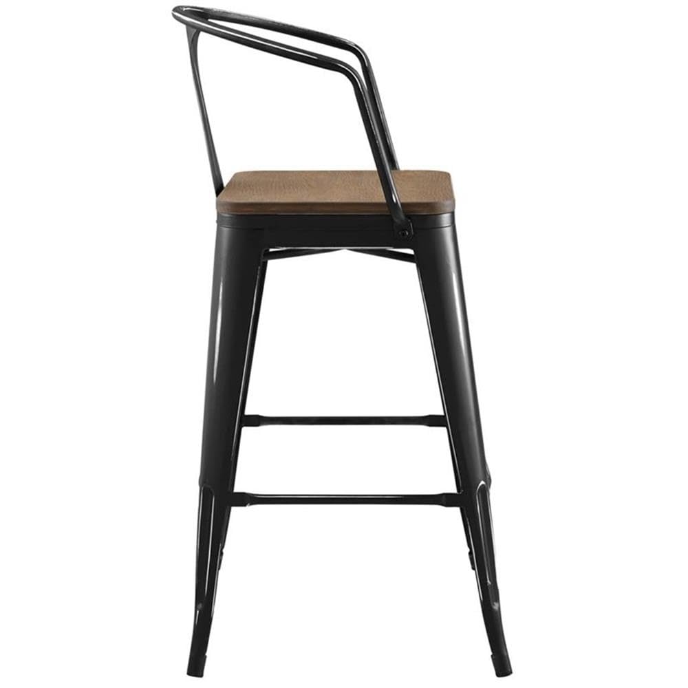 Modway Promenade Industrial Modern Steel Bistro Bar Stool With Arms And Bamboo Seat, Black