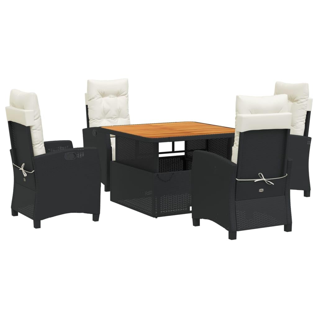 vidaXL 5 Piece Patio Dining Set - Black Poly Rattan with Cream Cushions, Adjustable Table, Reclining Chairs