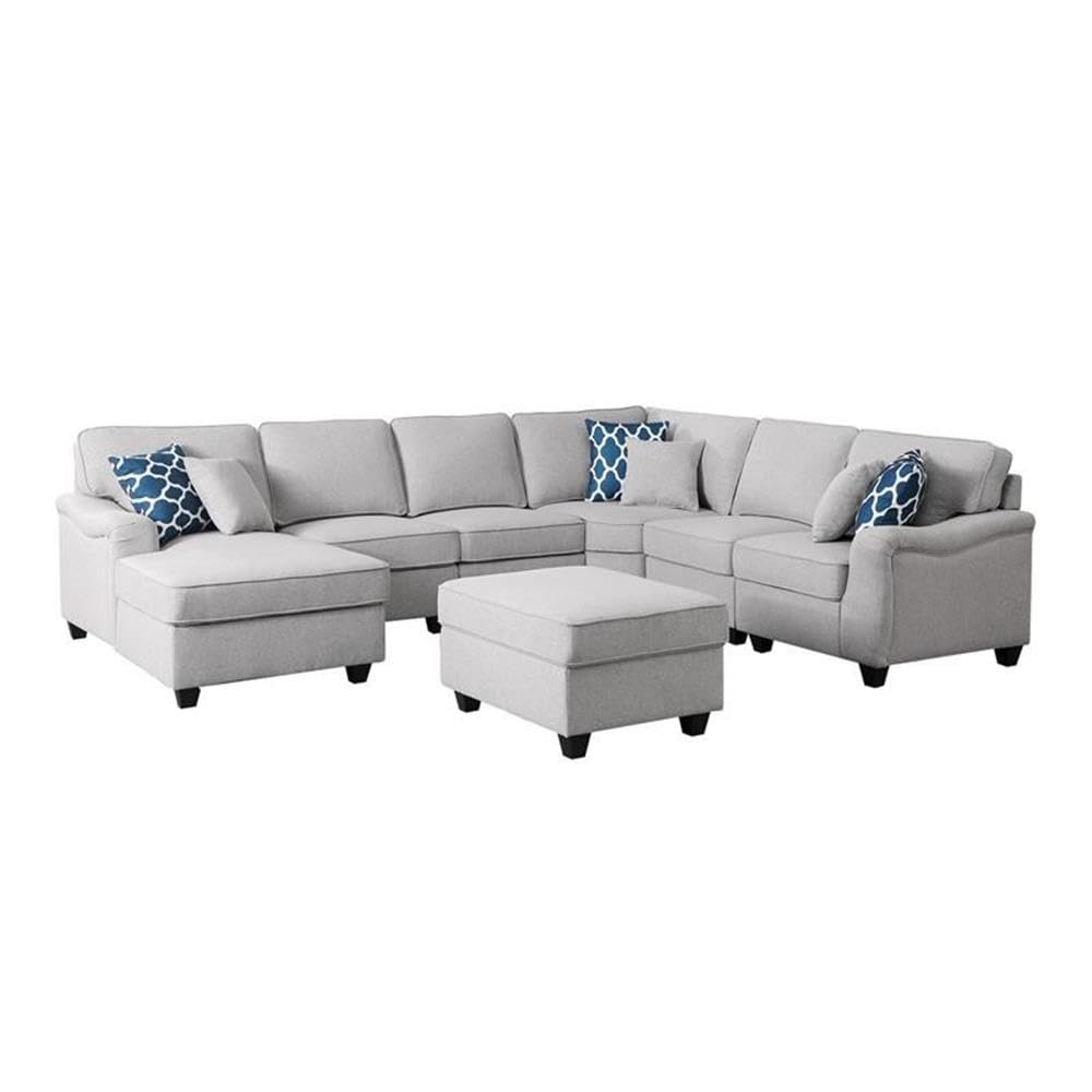 Lilola Home Leo Light Gray Linen 7Pc Modular L-Shape Sectional Sofa Chaise and Ottoman