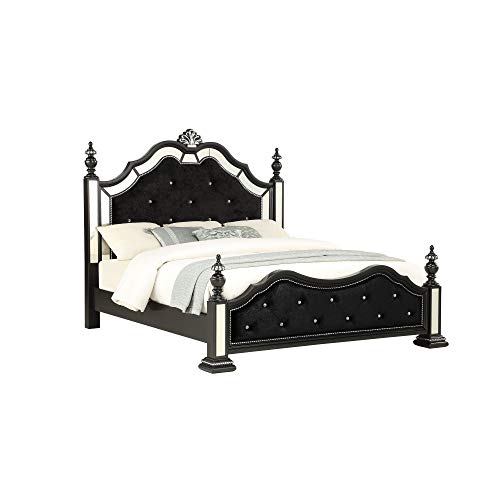 HomeRoots Wood Black Felt Finish King Bed with Crystal Mirrored Embellished
