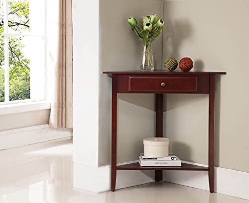 Pilaster Designs Contemporary Ulma Walnut Wood Corner Accent Side End Plant Stand Display Table with Storage Drawer & Shelf