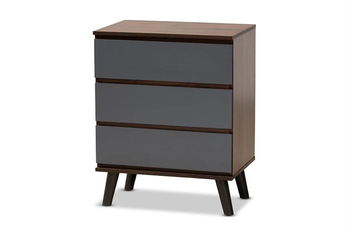 Baxton Studio Roldan Walnut and Grey Finished Wood 3-Drawer Bedroom Chest