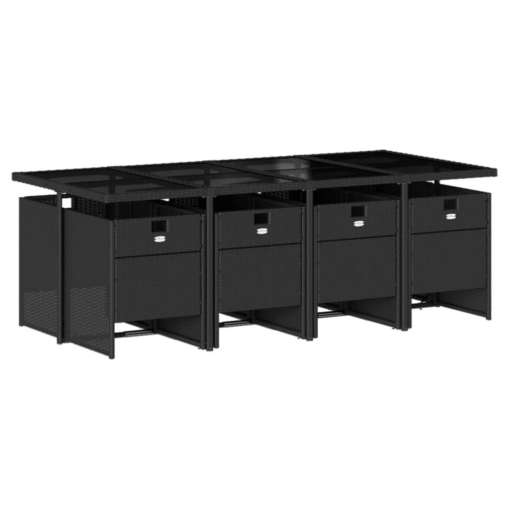 vidaXL 9-Piece Patio Dining Set with Cushions - Black Poly Rattan, Glass Tabletop, Folding Chairs, Outdoor Garden Furniture