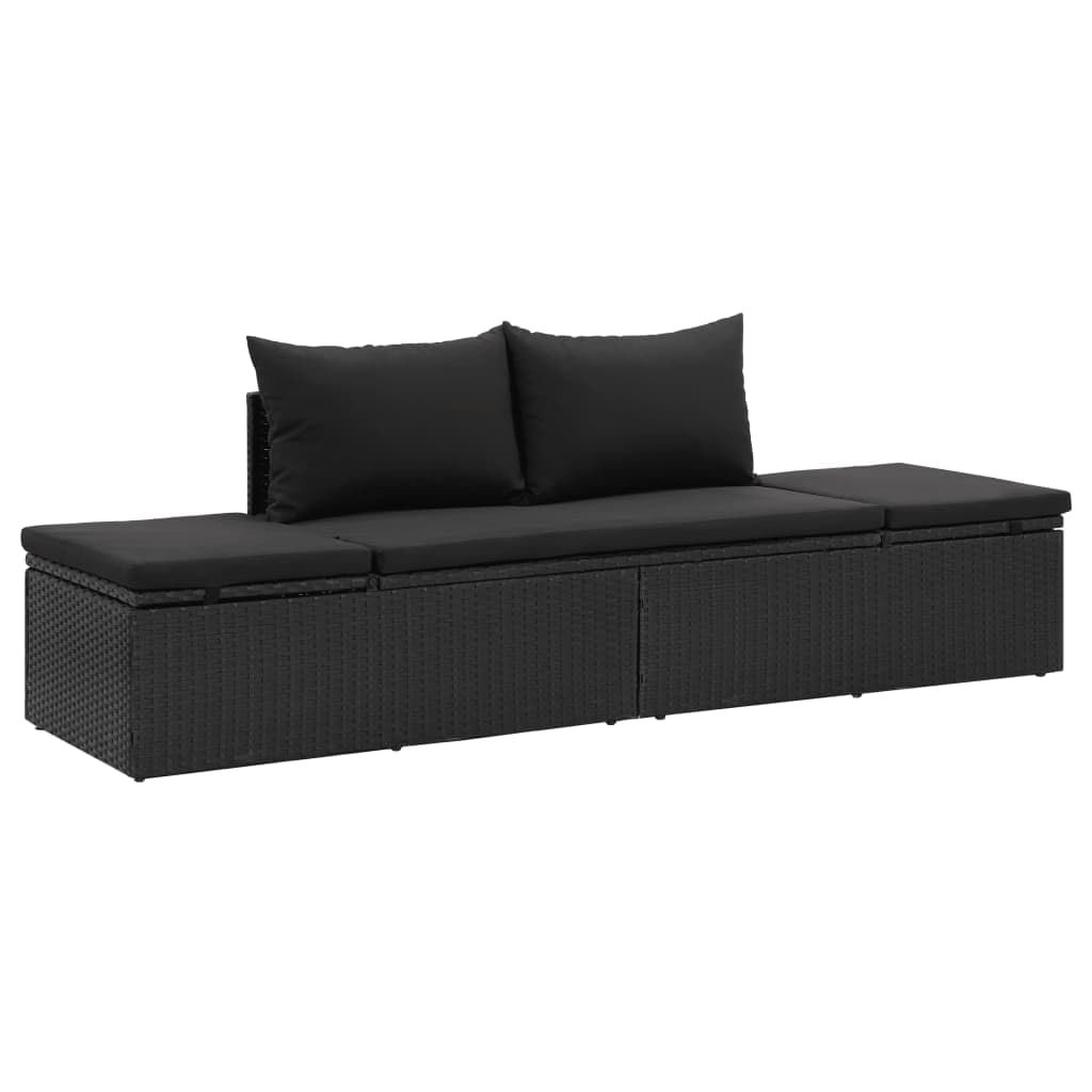 vidaXL Poly Rattan Patio Lounge Chair, Sunbed, Outdoor Sofa with Adjustable Both Ends, Included Cushions & Pillows, Washable Cushion Cover, Sturdy Steel Frame, 76.8"x23,6"x23.6" Black