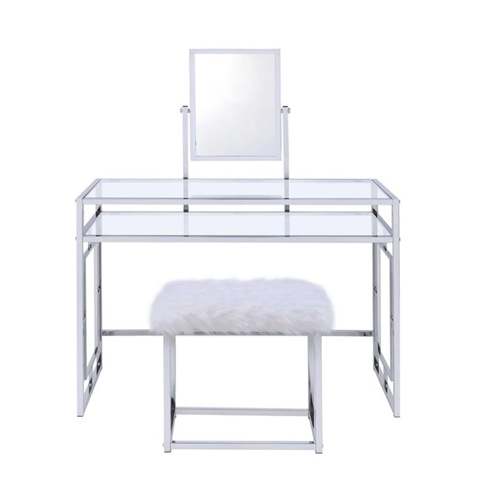 Acme Josh Metal Frame Vanity and Stool in White and Chrome