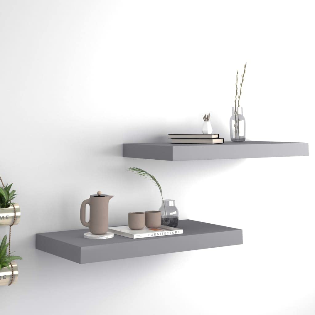 vidaXL Set of 2 Floating Wall Shelves - 19.7&quot;x9.1&quot;x1.5&quot; Gray Modern Design Honeycomb MDF and Metal Frame - Invisible Mounting System - Home Decor Display and Storage Shelves