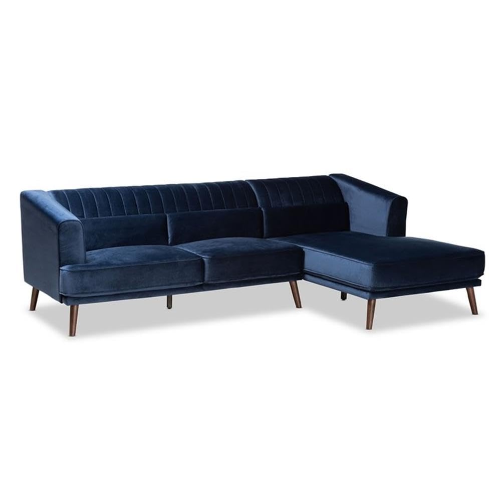 Baxton Studio Morton Blue Dark Brown Finished Wood Sofa with Right Facing Chaise