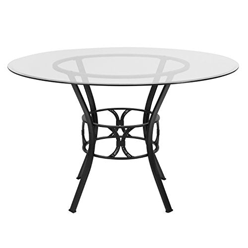Flash Furniture Carlisle Round Glass Dining Table With Metal Frame, 48 In, Clear/Black