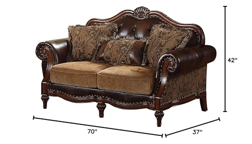 HomeRoots 2-Tone Brown Pu & Chenille Upholstery, Wood 37' X 70' X 42' PU Chenille Upholstery Wood Loveseat w/3 Pillows